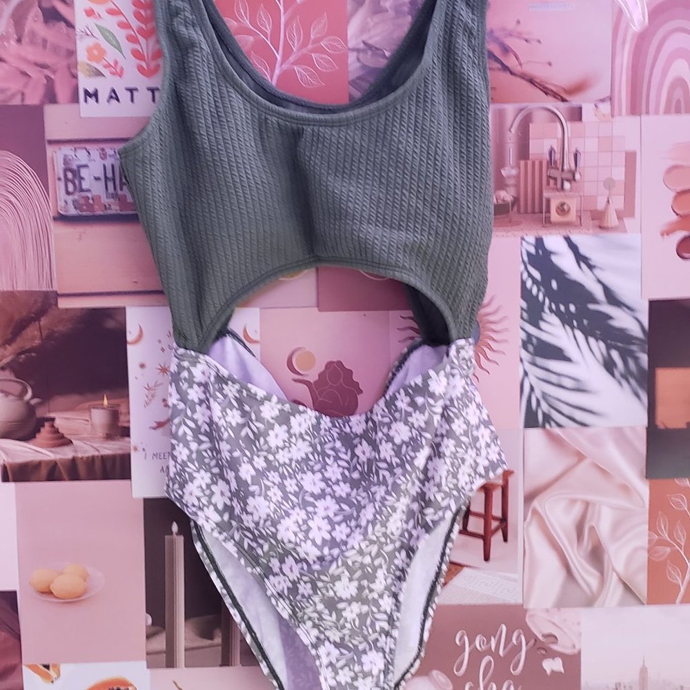 A green and white flower bathing suit